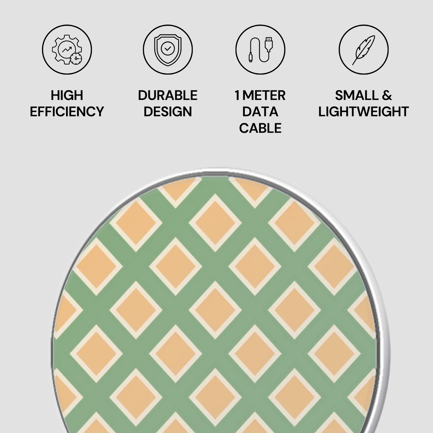 Product with green and orange diamond pattern on a gray background, featuring icons and text about product features.