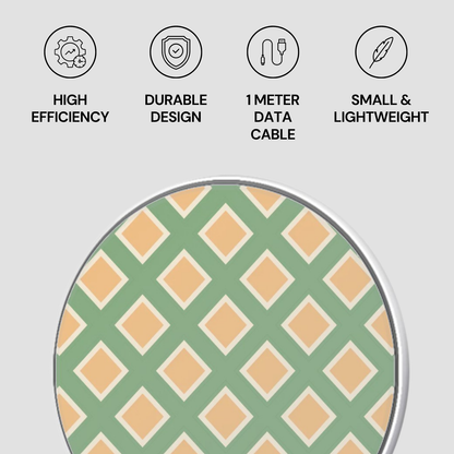 Product with green and orange diamond pattern on a gray background, featuring icons and text about product features.