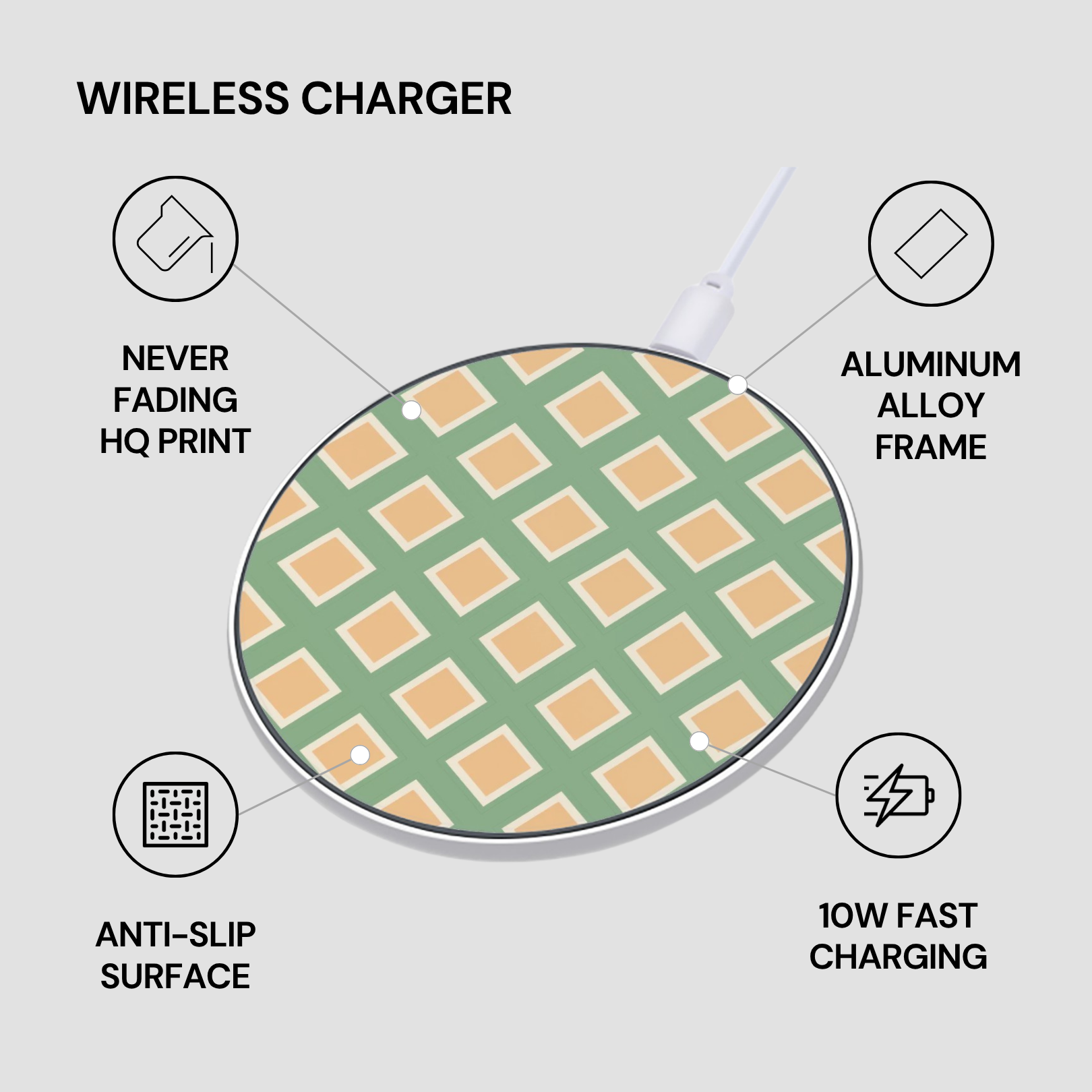 Wireless charger with green and orange checkered pattern on a white background