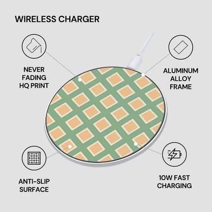 Wireless charger with green and orange checkered pattern on a white background