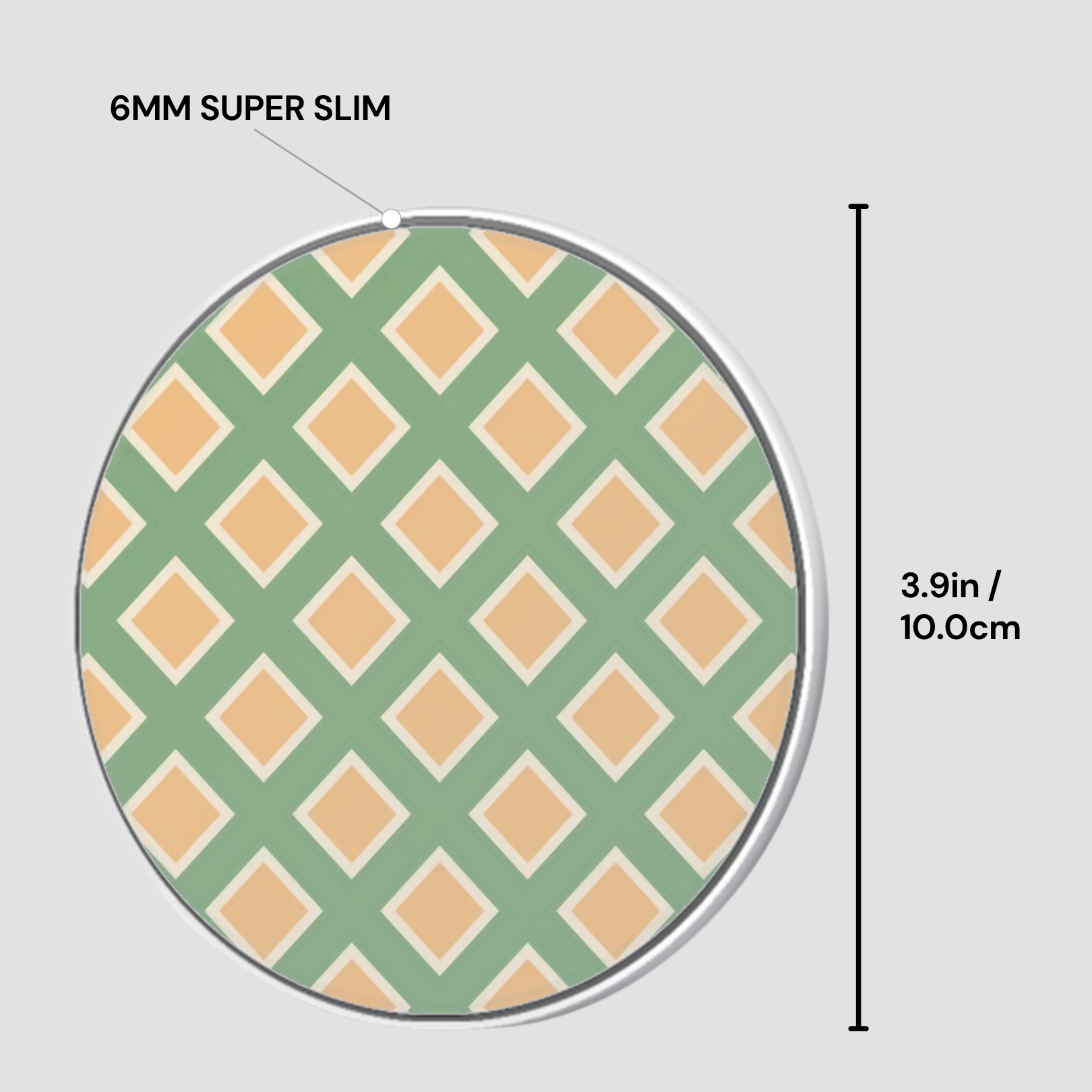 Circular green and beige patterned object with dimensions on a light gray background