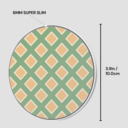 Circular green and beige patterned object with dimensions on a light gray background