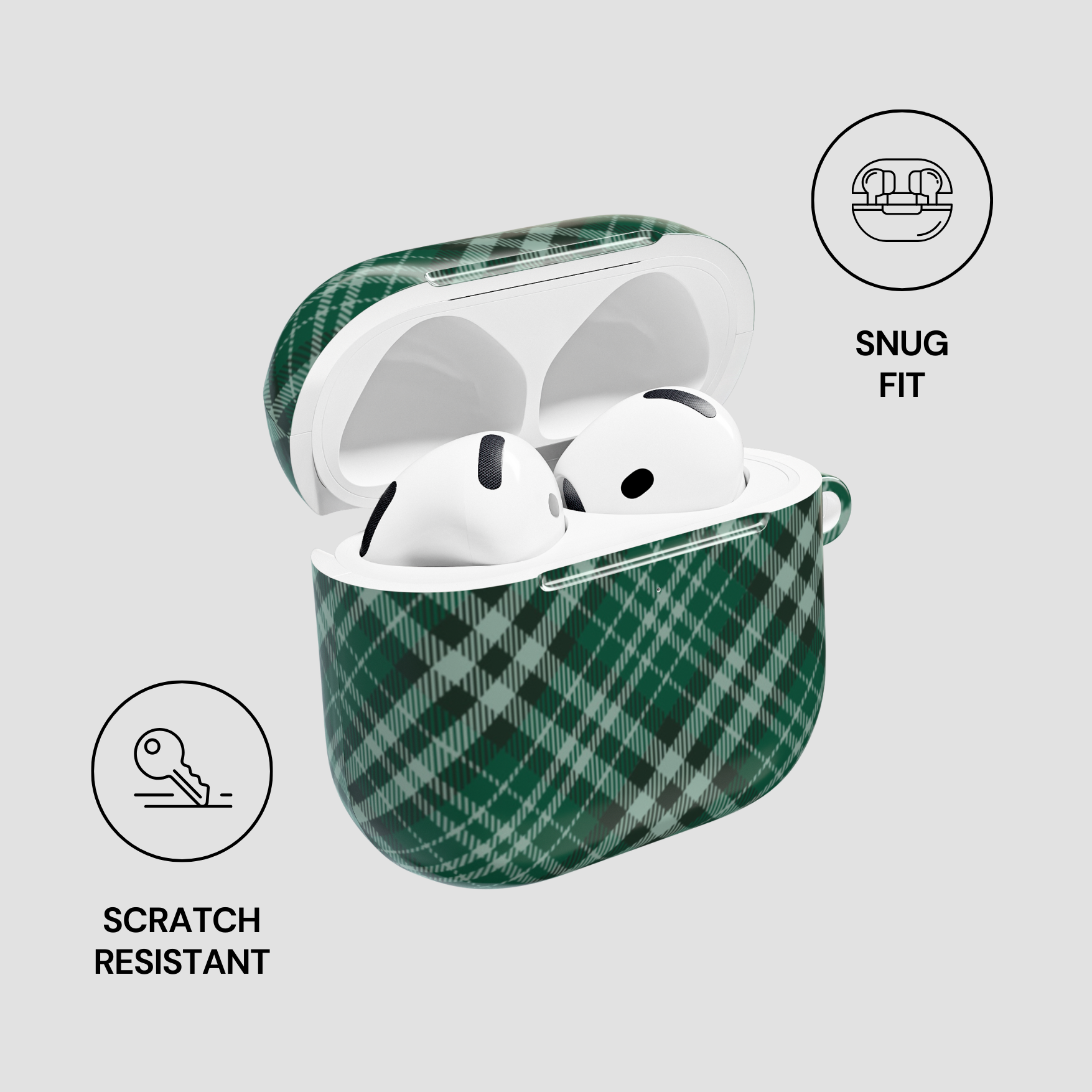 Green plaid case with white wireless earbuds on a light gray background | Casenari