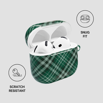 Green plaid case with white wireless earbuds on a light gray background | Casenari