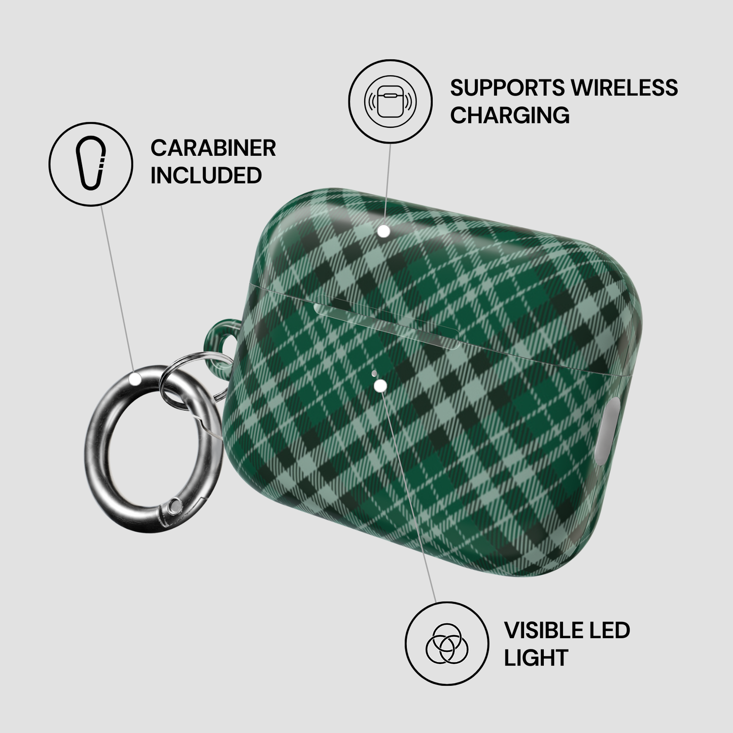 Green plaid case with carabiner, wireless charging support, and visible LED light on a gray background | Casenari
