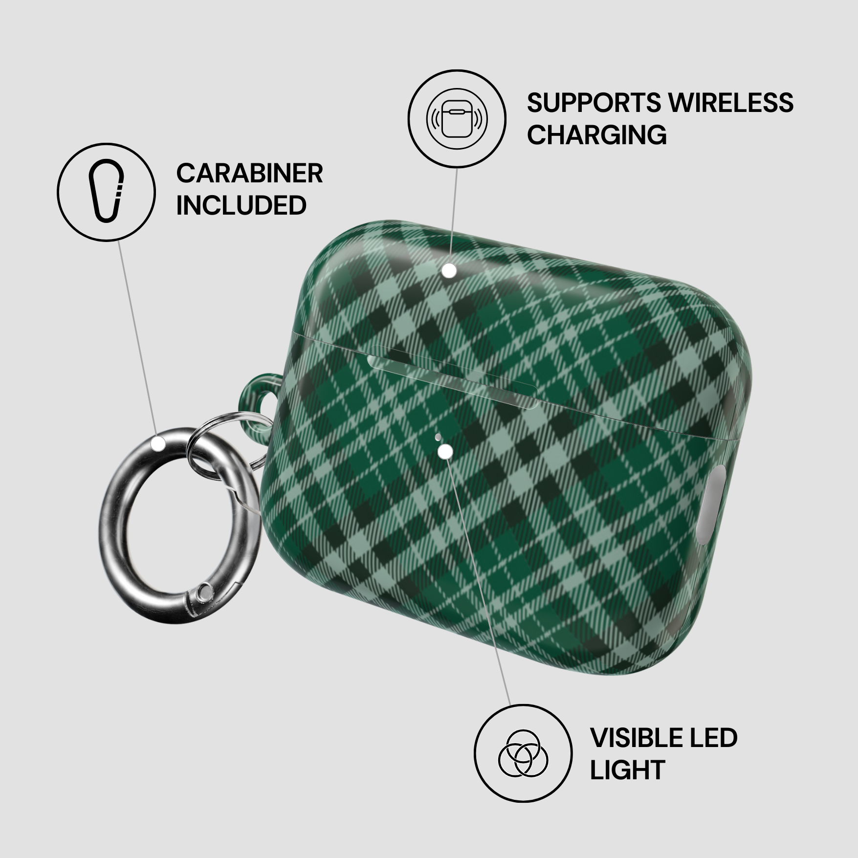 Green plaid case with carabiner, wireless charging support, and visible LED light on a gray background | Casenari