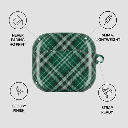 Green plaid case with features listed on a gray background | Casenari