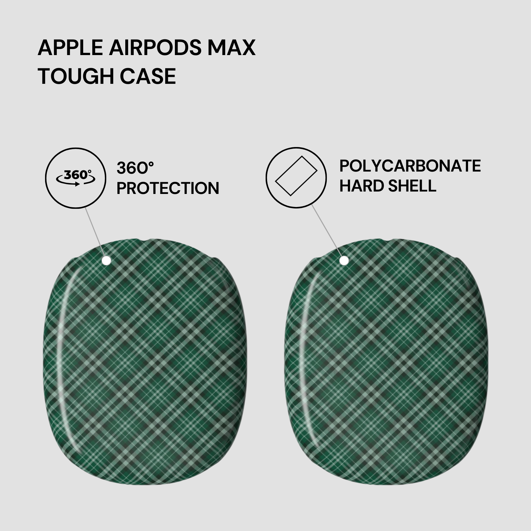 Green plaid tough case for Apple AirPods Max with text highlighting features on a light gray background | Casenari