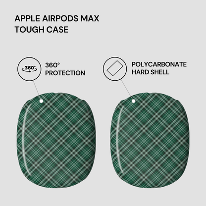 Green plaid tough case for Apple AirPods Max with text highlighting features on a light gray background | Casenari