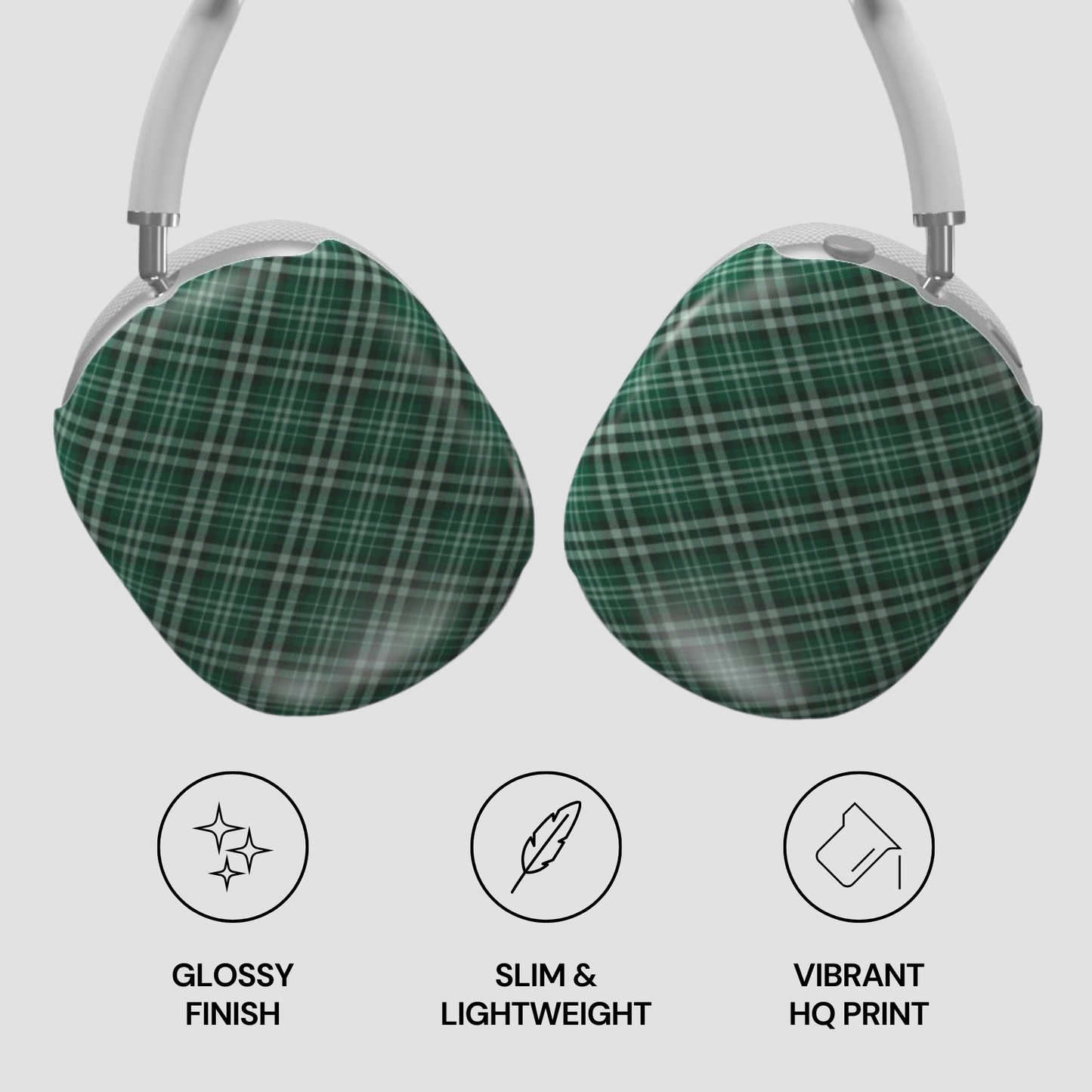 Green plaid headphones with glossy finish, slim design, and vibrant print on a light gray background. | Casenari