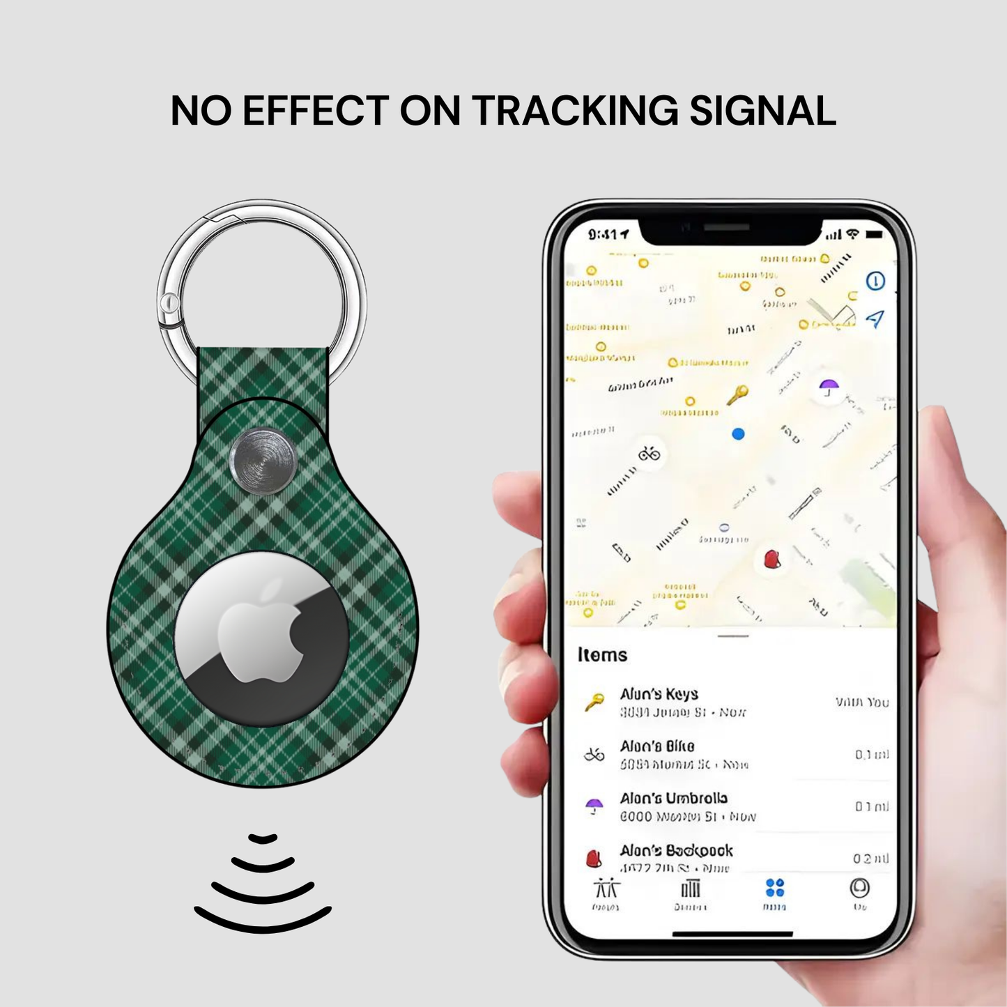 Green plaid keychain device with Apple logo next to a phone showing a location app. | Casenari