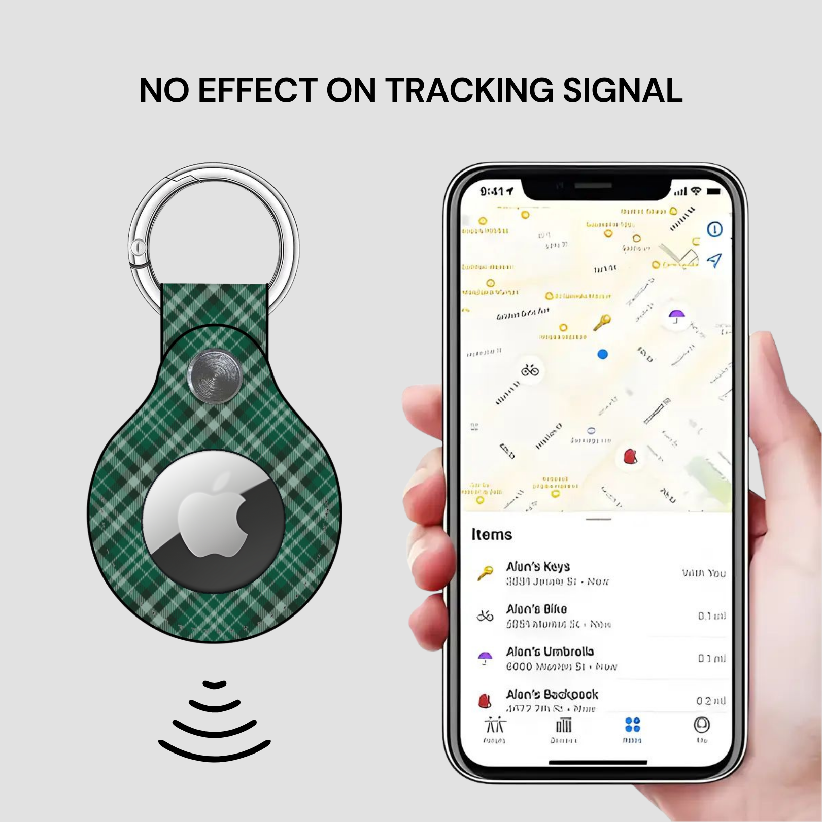 Green plaid keychain device with Apple logo next to a phone showing a location app. | Casenari