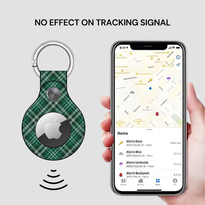 Green plaid keychain device with Apple logo next to a phone showing a location app. | Casenari