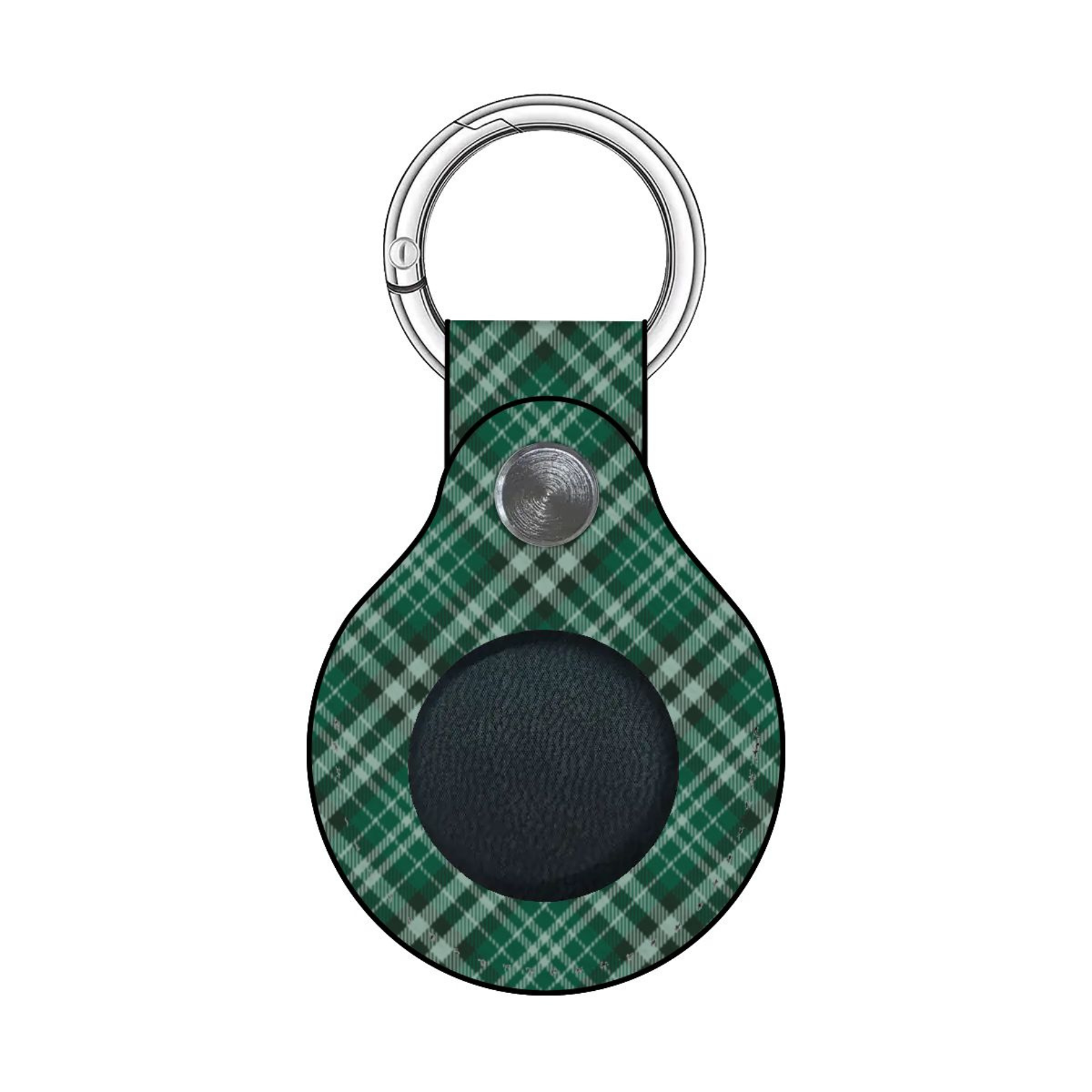 Green plaid keychain with a black circle and silver ring on a white background | Casenari