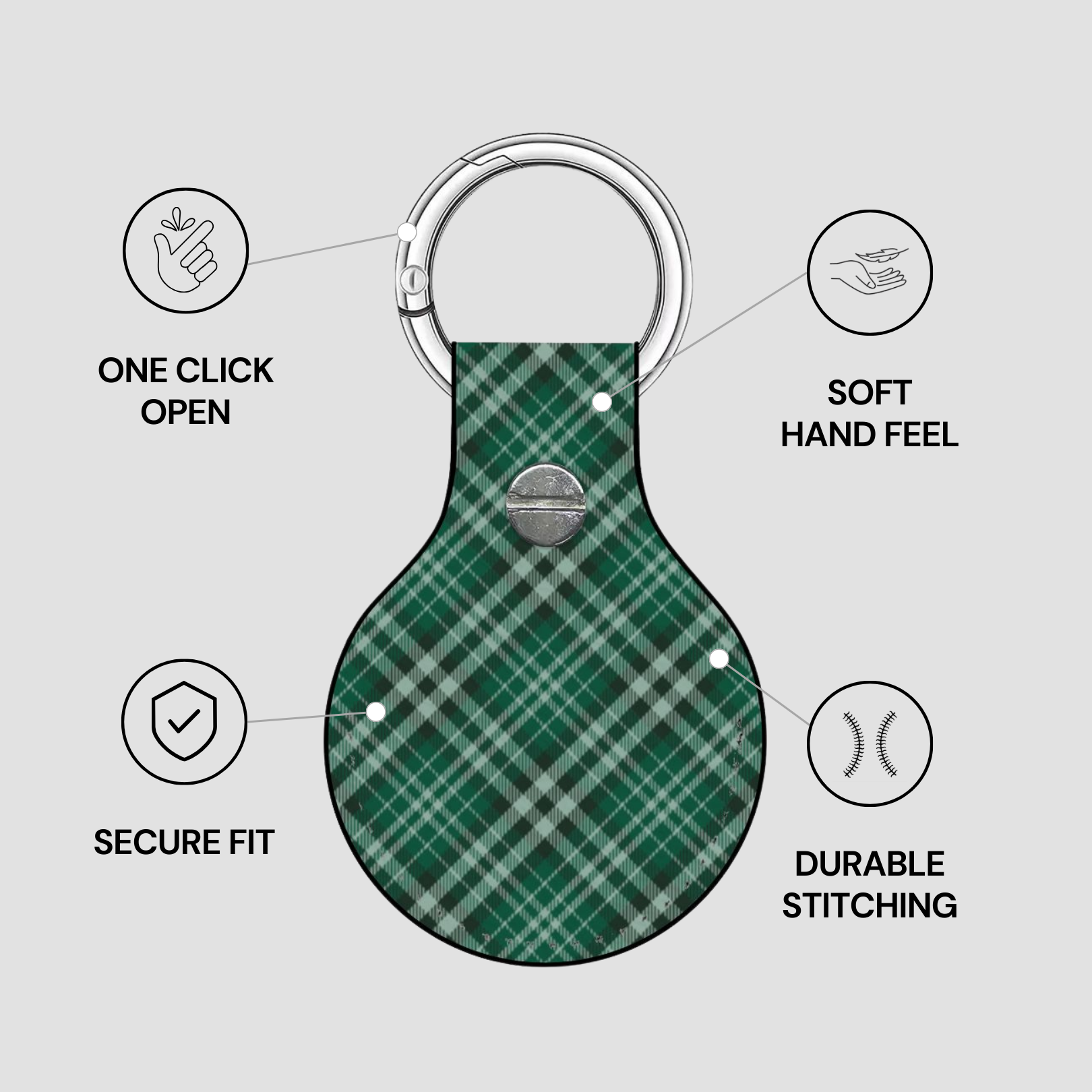 Green plaid keychain with features listed on a gray background | Casenari