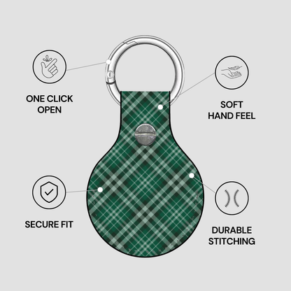Green plaid keychain with features listed on a gray background | Casenari