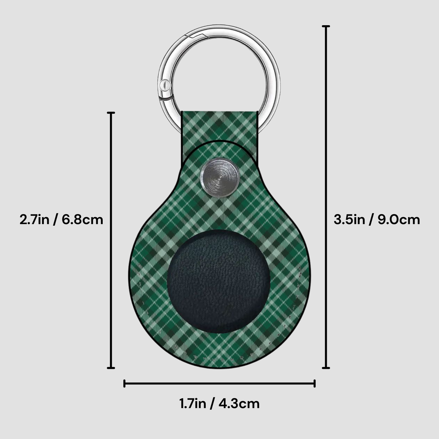 Green plaid keychain with measurements on a gray background | Casenari