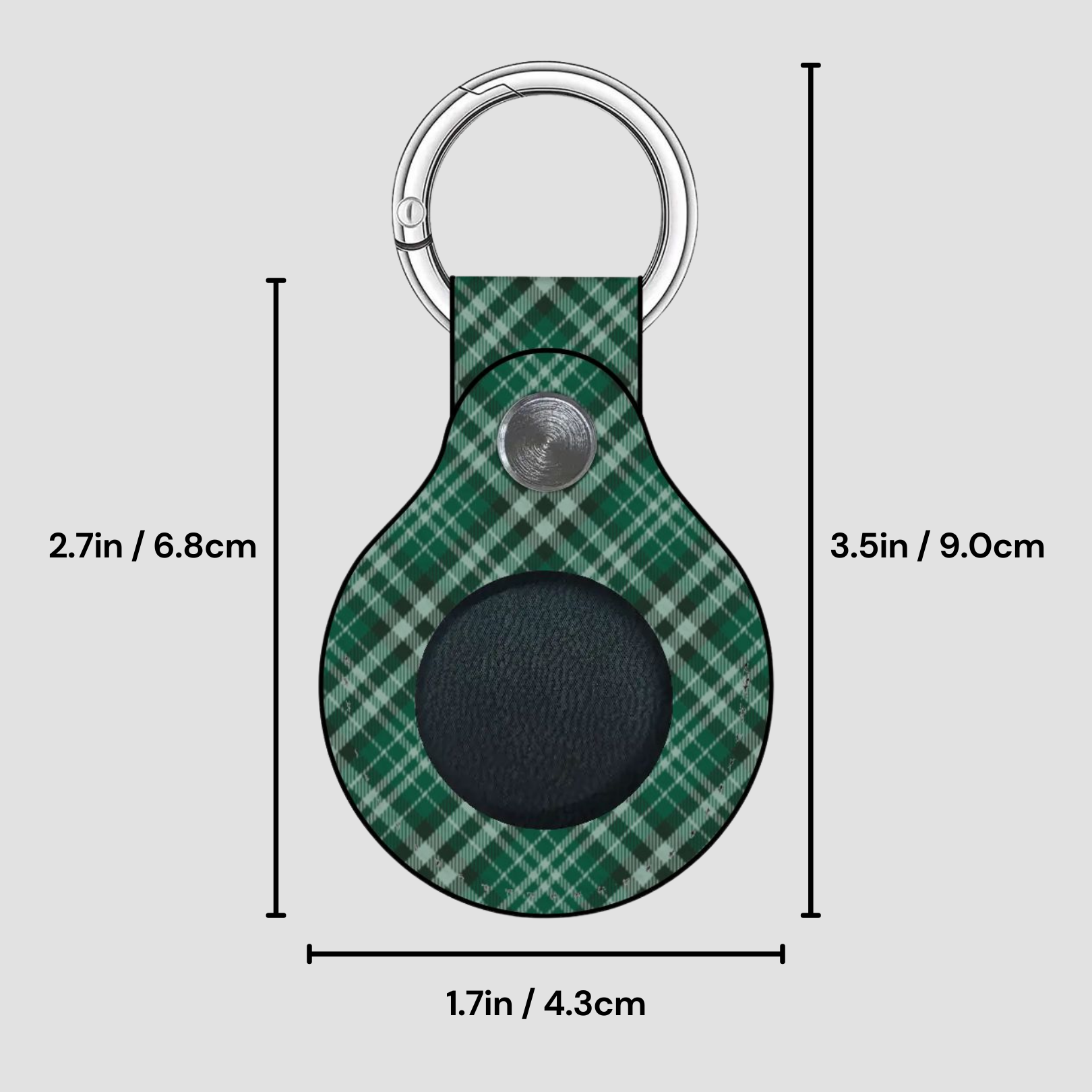 Green plaid keychain with measurements on a gray background | Casenari