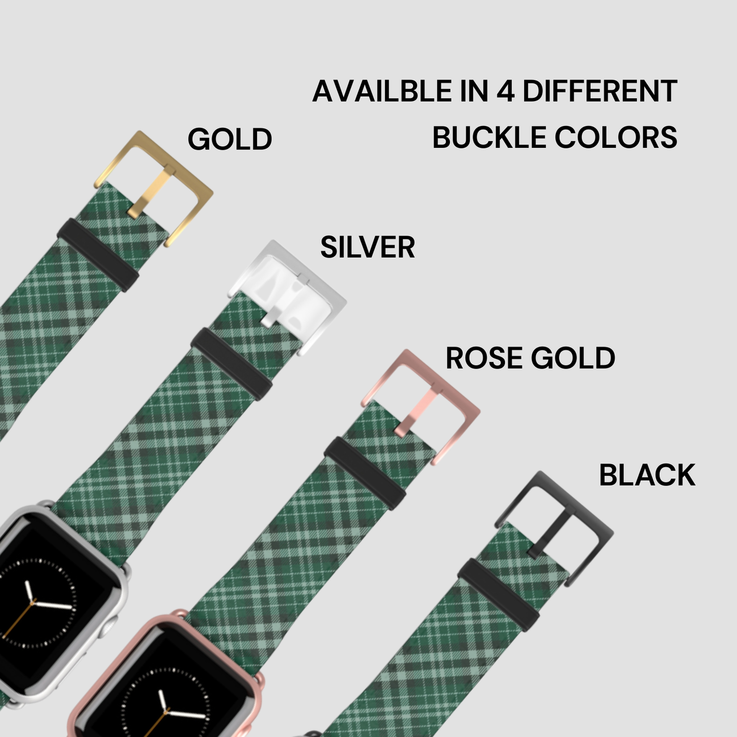 Green plaid watch bands with gold, silver, rose gold, and black buckles on a white background. | Casenari