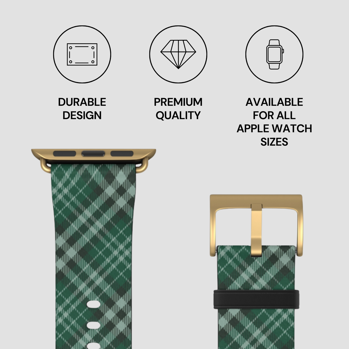 Green plaid watch strap with gold buckle on a light gray background, featuring durability, quality, and size availability text. | Casenari