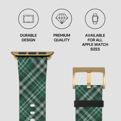 Green plaid watch strap with gold buckle on a light gray background, featuring durability, quality, and size availability text. | Casenari