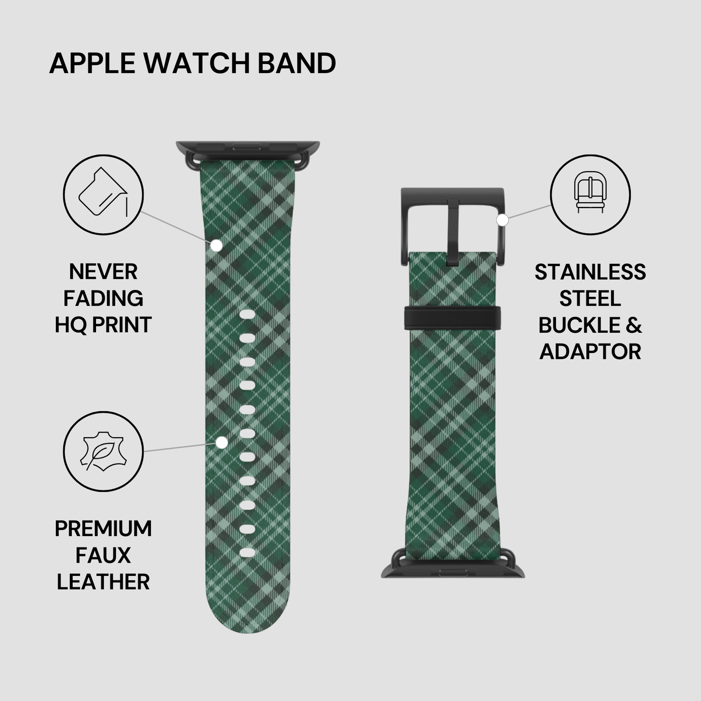 Green plaid Apple Watch band with stainless steel buckle and adapter on a light gray background | Casenari