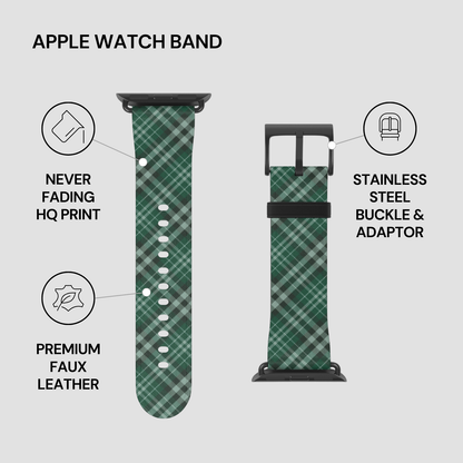 Green plaid Apple Watch band with stainless steel buckle and adapter on a light gray background | Casenari