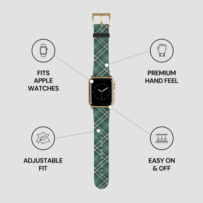 Green plaid watch strap with features listed on a gray background | Casenari