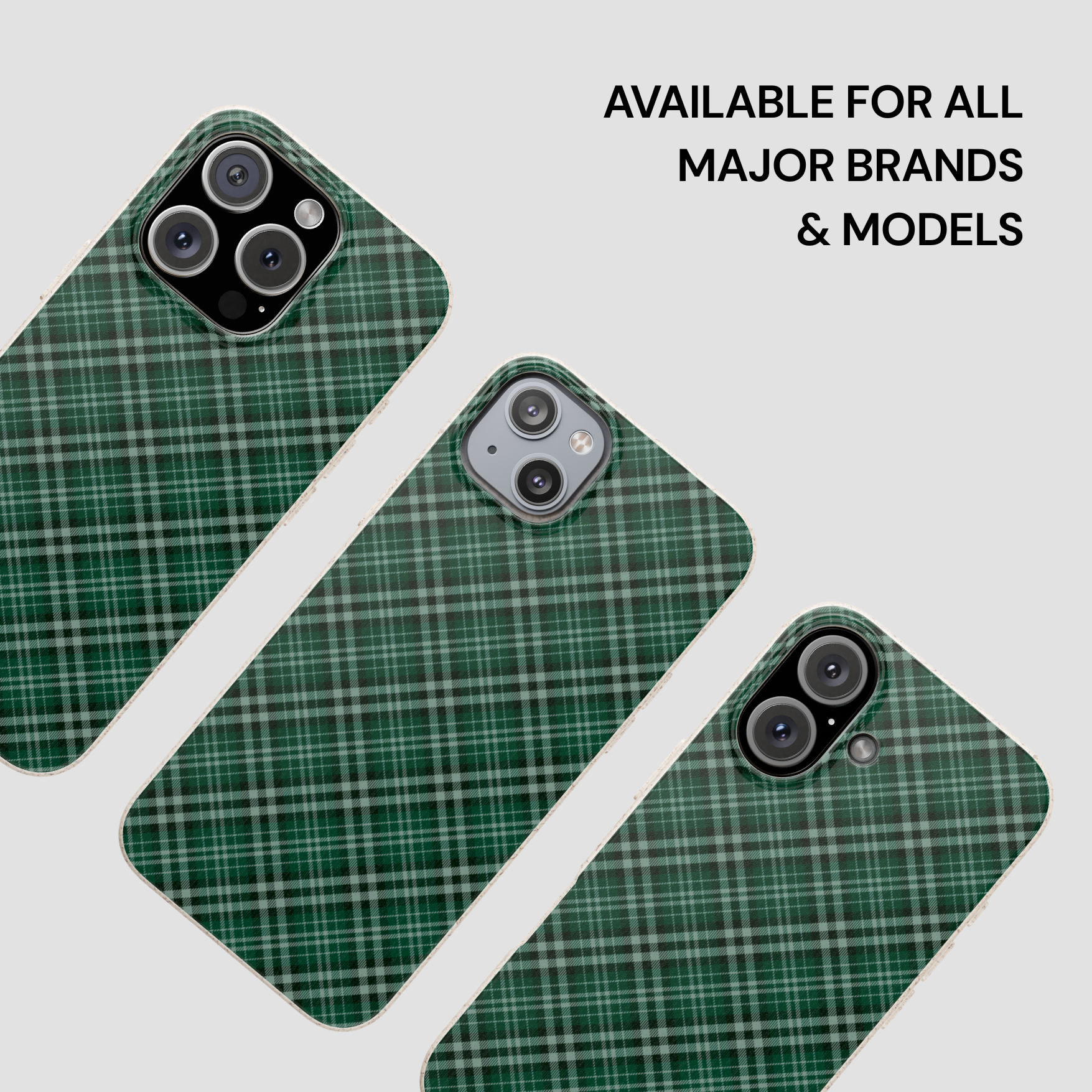Green plaid phone case on a white background with text 'Available for all major brands & models'. | Casenari
