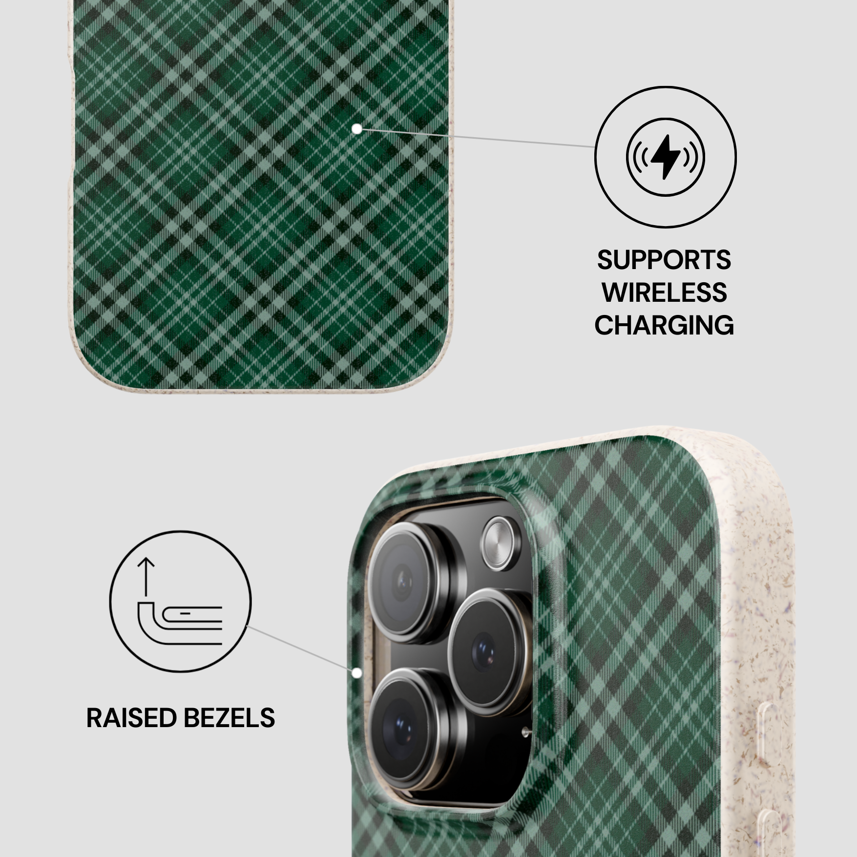 Green plaid phone case with wireless charging and raised bezels features on a light gray background | Casenari