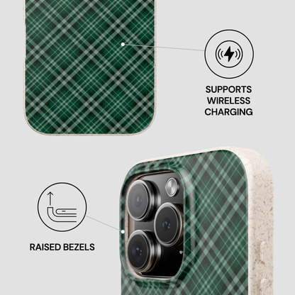 Green plaid phone case with wireless charging and raised bezels features on a light gray background | Casenari
