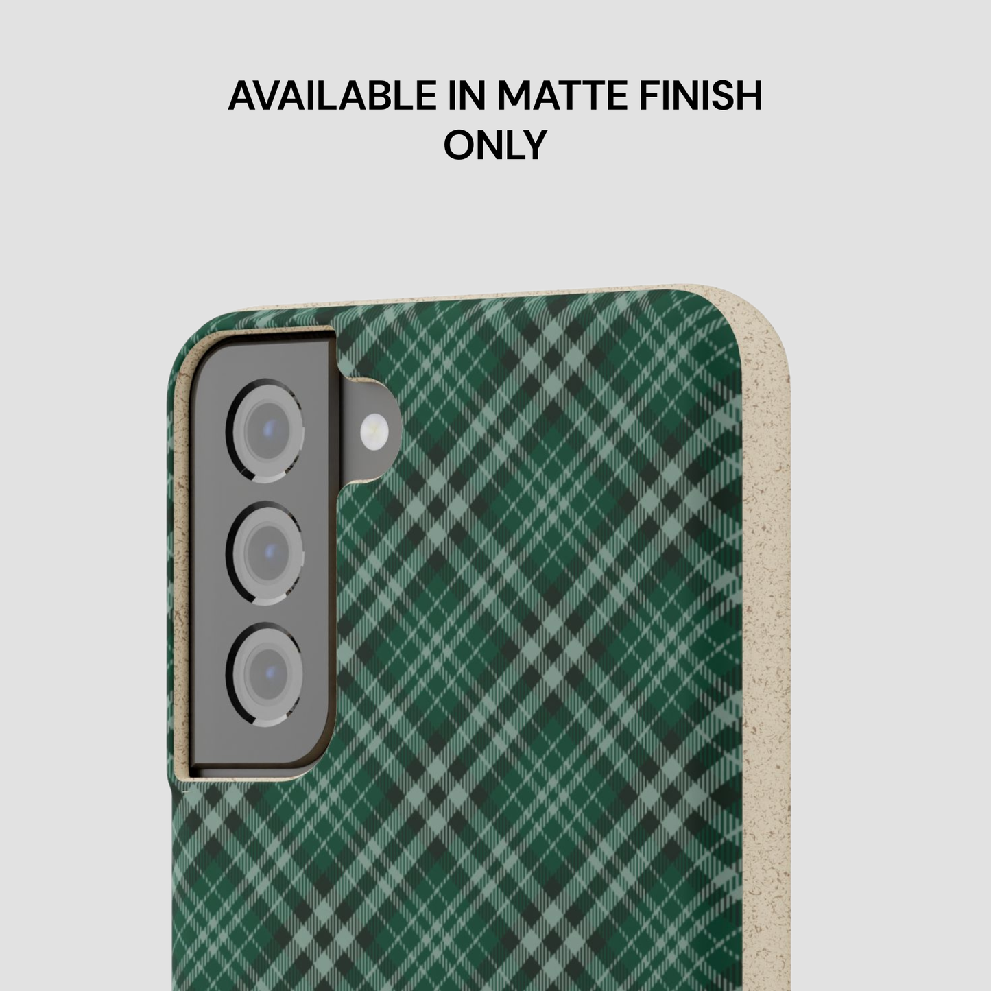 Green plaid phone case with text indicating matte finish only on a light gray background | Casenari
