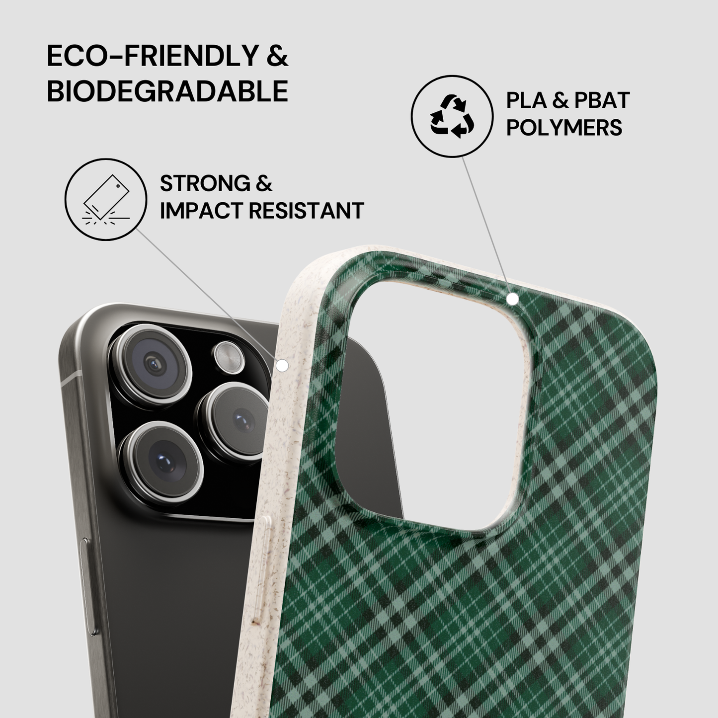 Green plaid phone case with text highlighting eco-friendliness and features on a gray background | Casenari