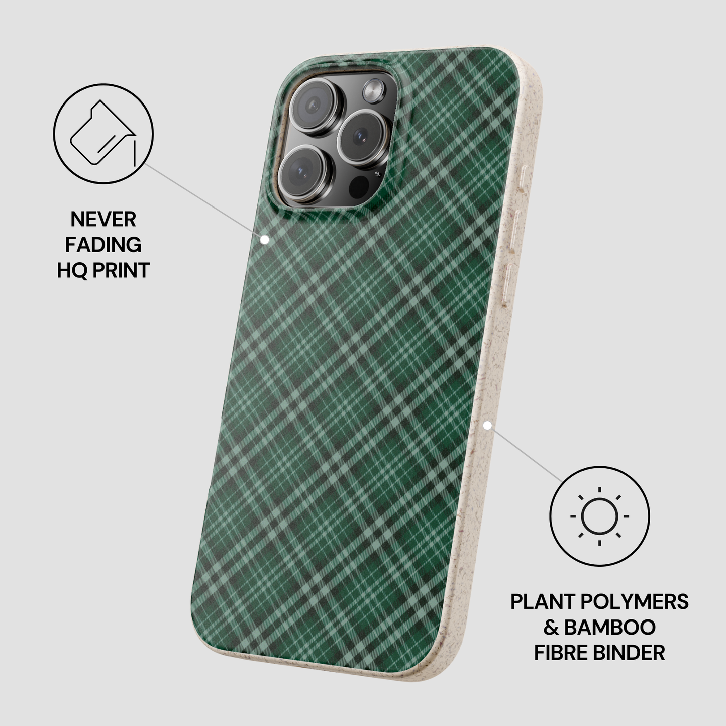 Green plaid phone case with text about plant polymers and bamboo fiber binder on a light gray background | Casenari