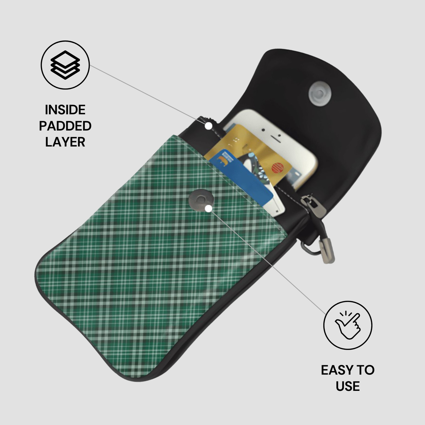 Green plaid phone case with inside padded layer and easy-to-use features on a gray background | Casenari