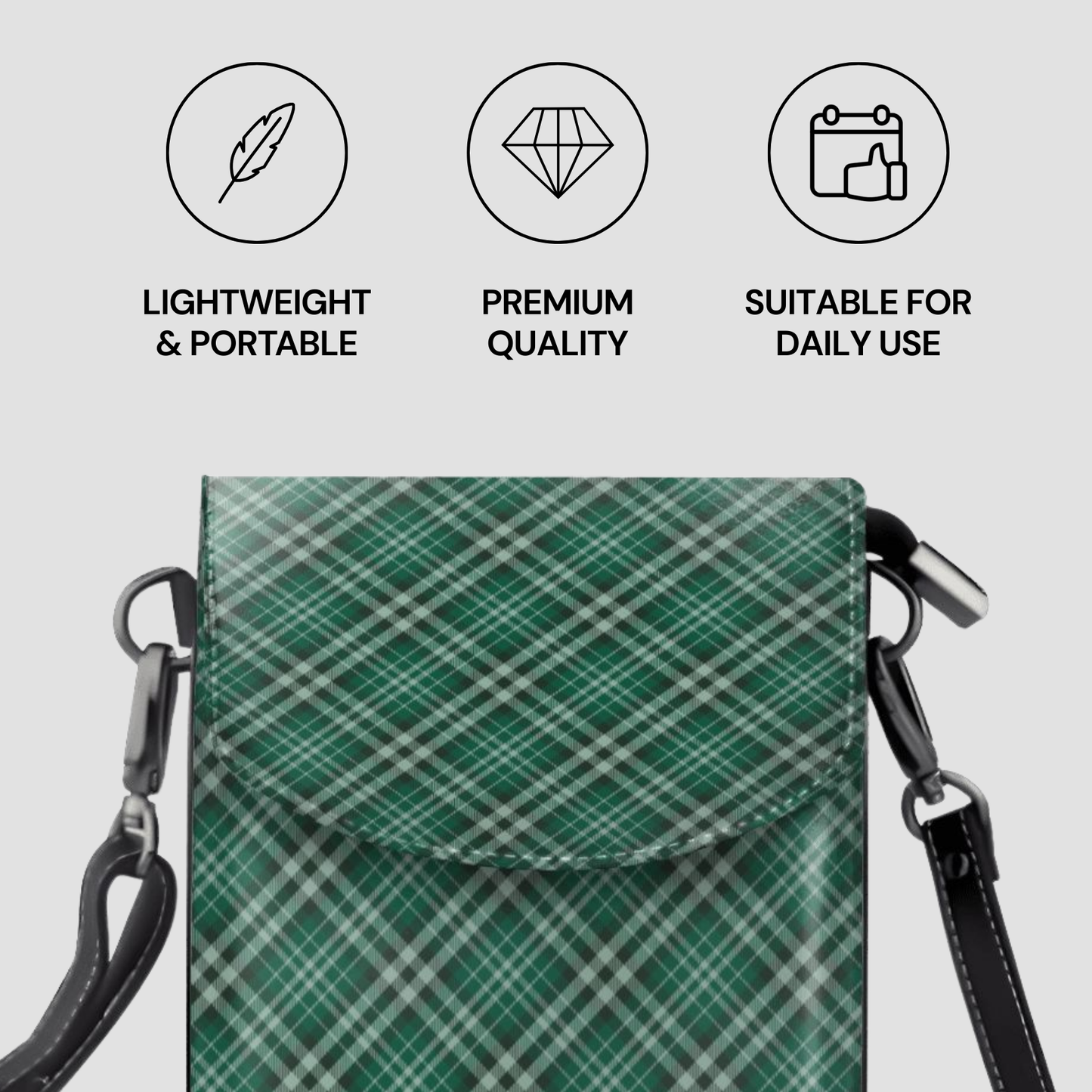 Green plaid pouch with shoulder strap on a light gray background, featuring icons and text about product attributes. | Casenari