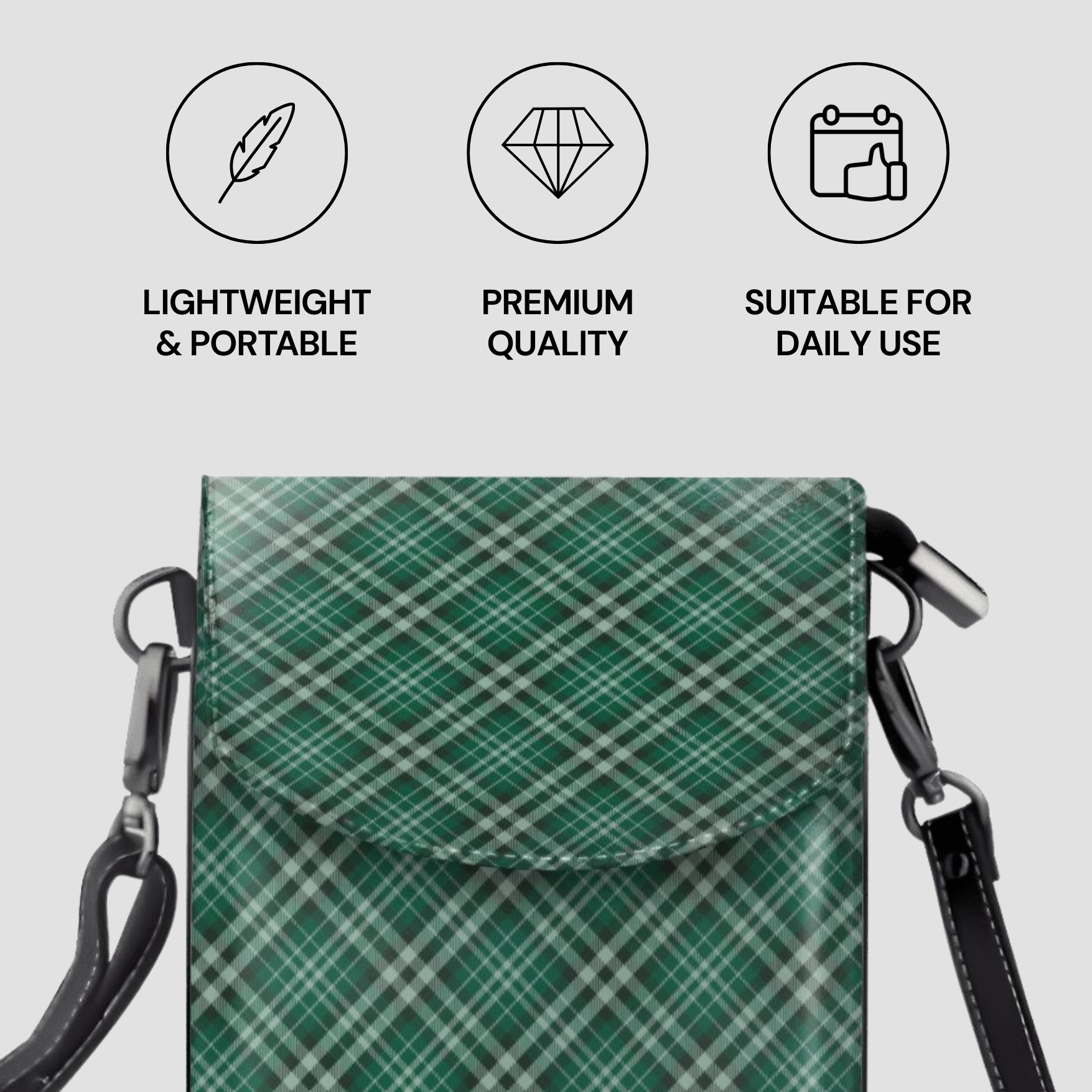 Green plaid pouch with shoulder strap on a light gray background, featuring icons and text about product attributes. | Casenari