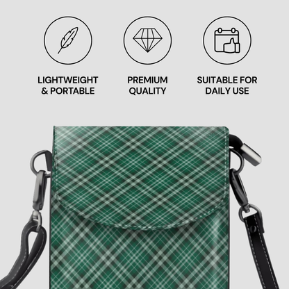 Green plaid pouch with shoulder strap on a light gray background, featuring icons and text about product attributes. | Casenari
