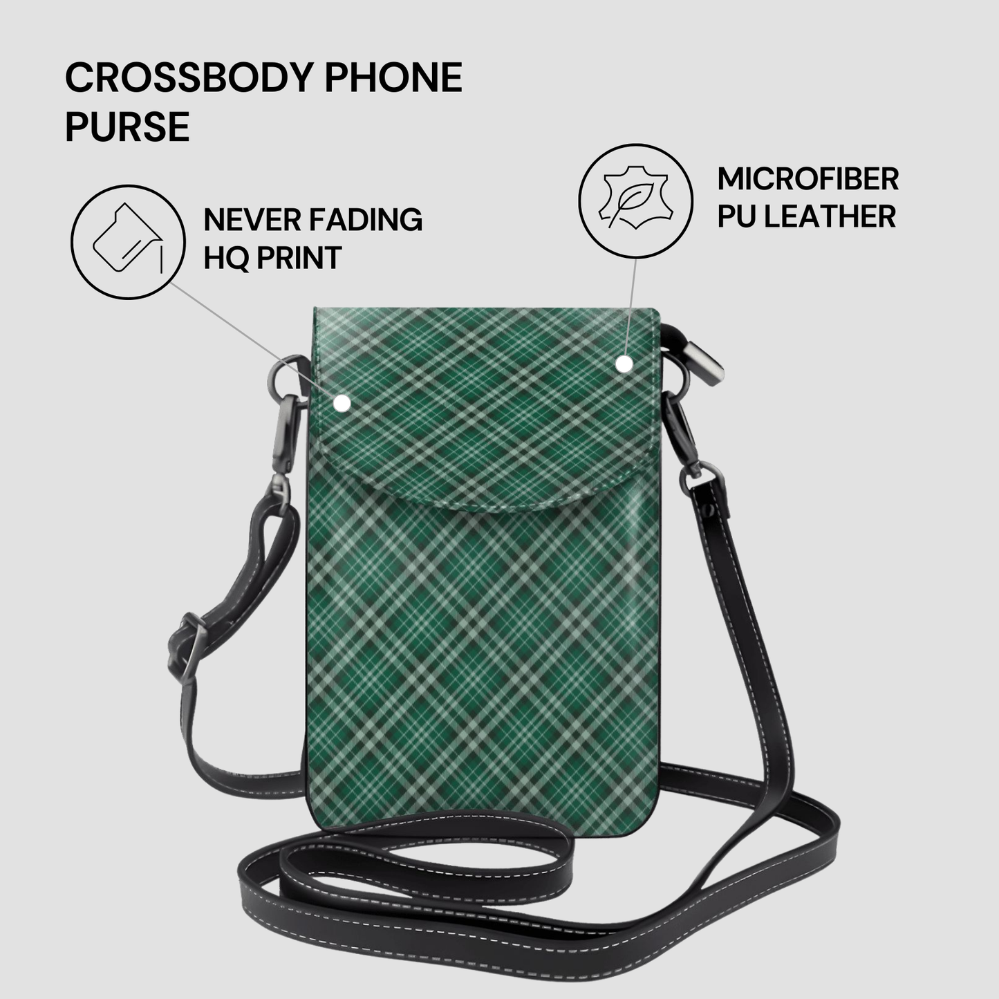 Green plaid crossbody phone purse with features listed on a gray background | Casenari