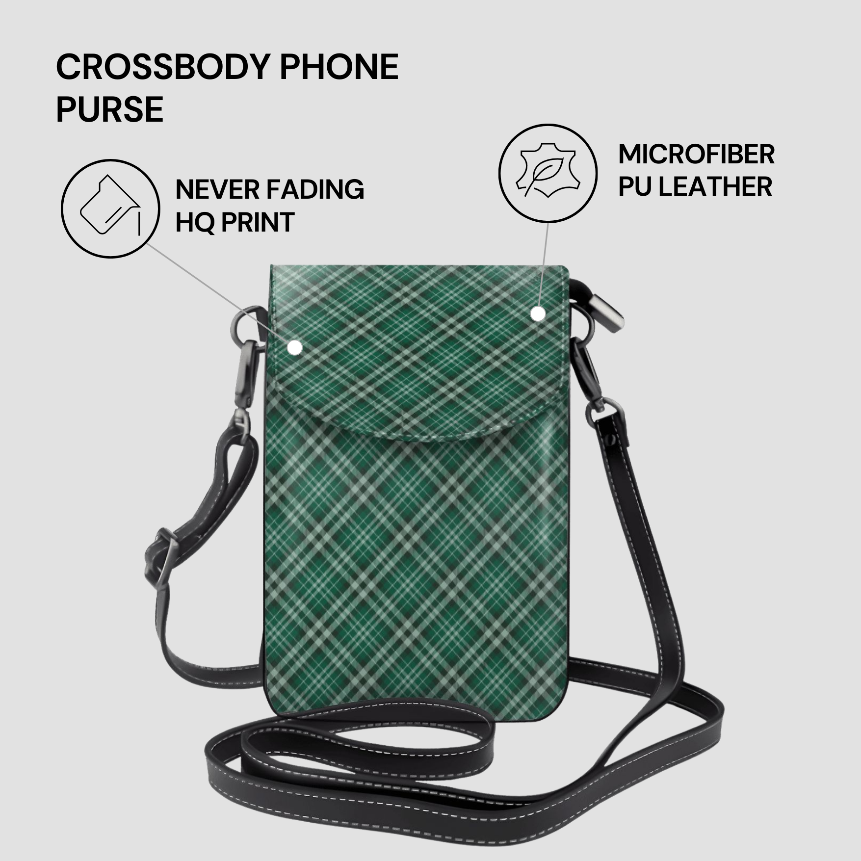 Green plaid crossbody phone purse with features listed on a gray background | Casenari