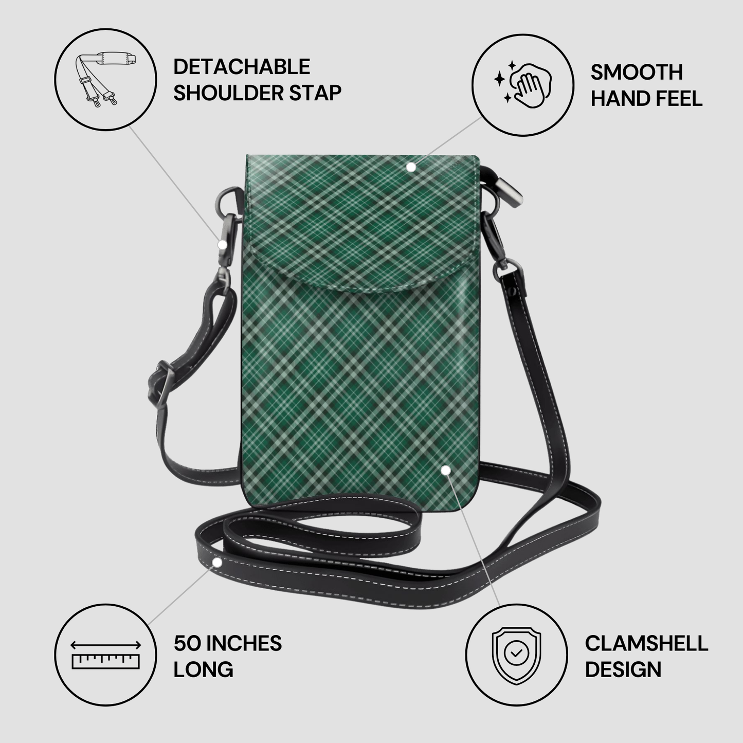 Green plaid crossbody bag with features highlighted on a light gray background | Casenari