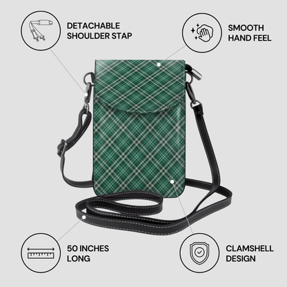Green plaid crossbody bag with features highlighted on a light gray background | Casenari