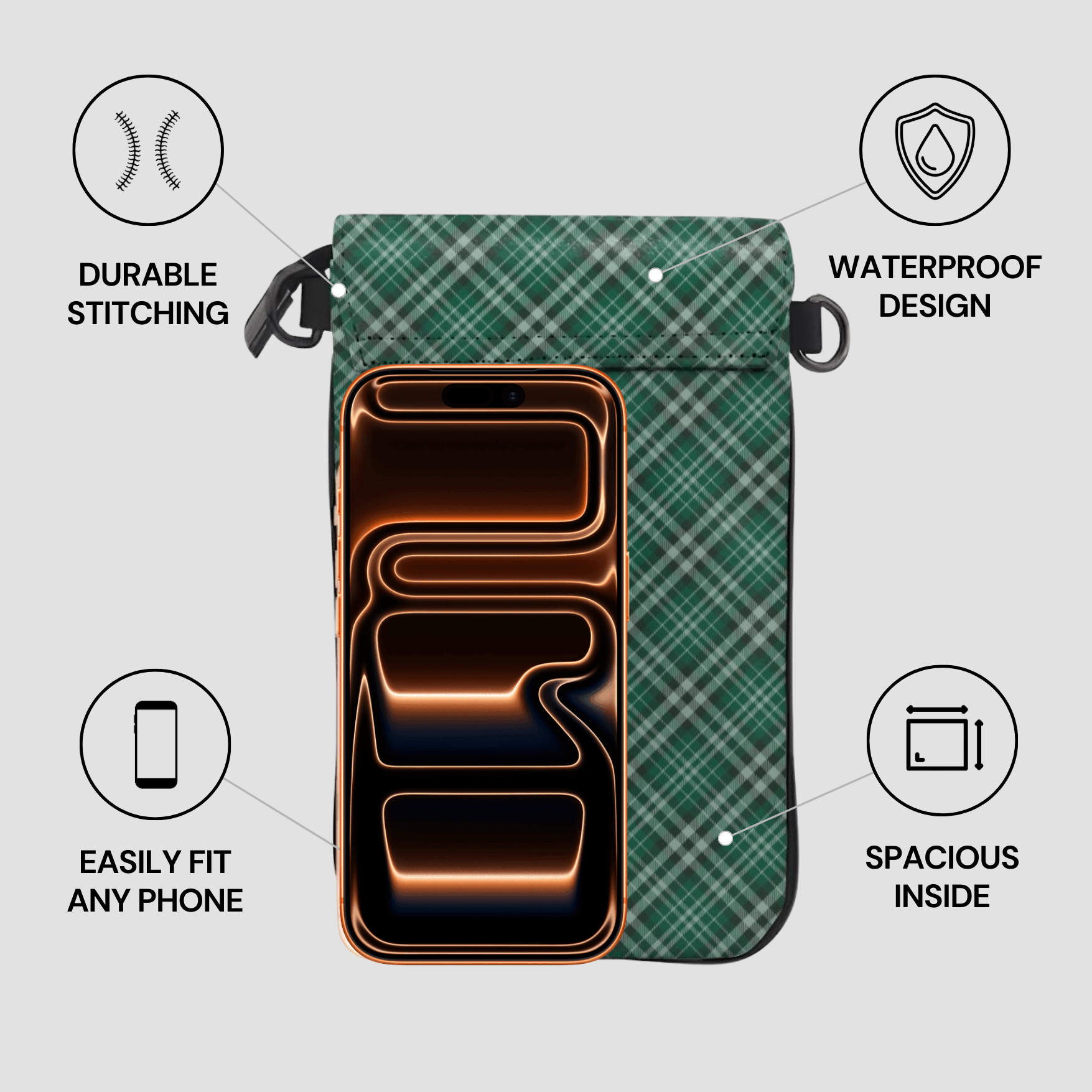Green plaid phone case with features highlighted on a gray background | Casenari