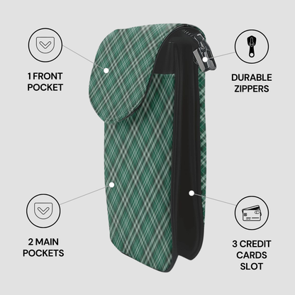 Green plaid pouch with features highlighted on a gray background | Casenari