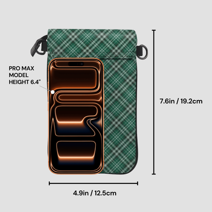 Green plaid pouch with phone case and measurements on a gray background | Casenari