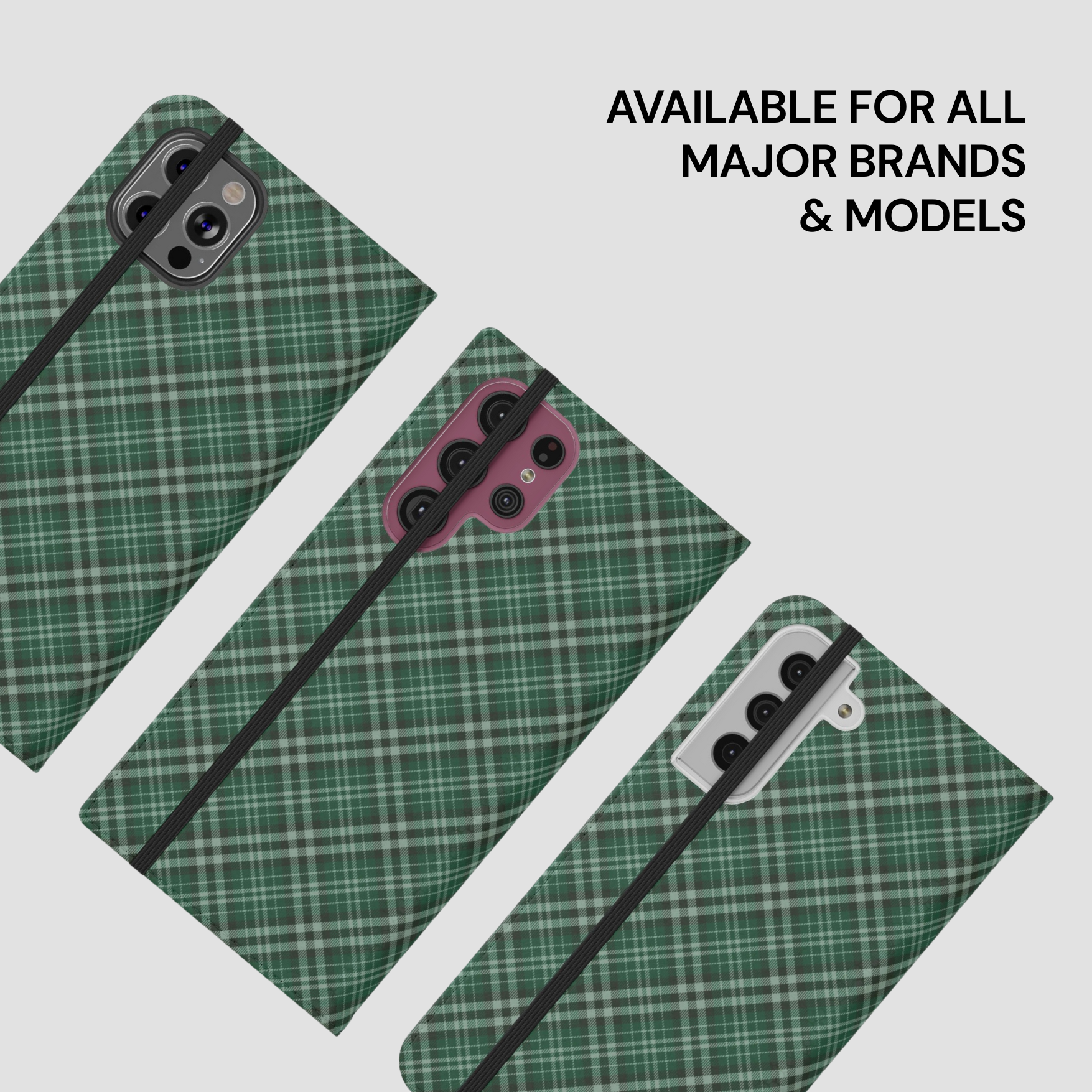 Green plaid phone case with text 'Available for all major brands & models' on a white background | Casenari