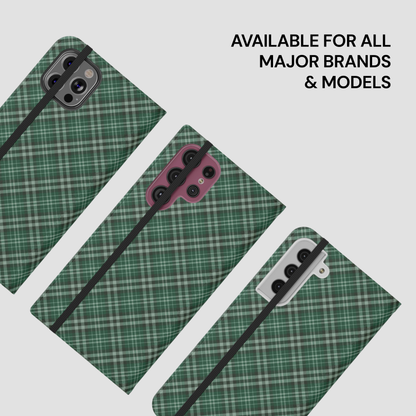Green plaid phone case with text 'Available for all major brands & models' on a white background | Casenari