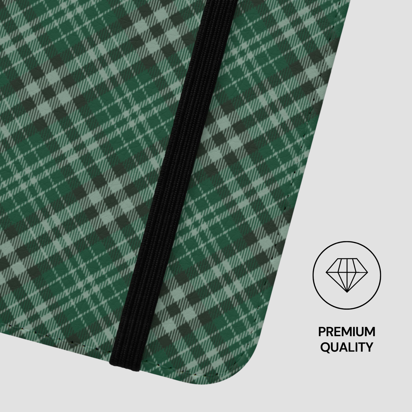 Green plaid flip case on a white background, featuring a 'Premium Quality' icon. | Casenari