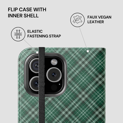 Green plaid phone case with text highlighting features on a white background | Casenari