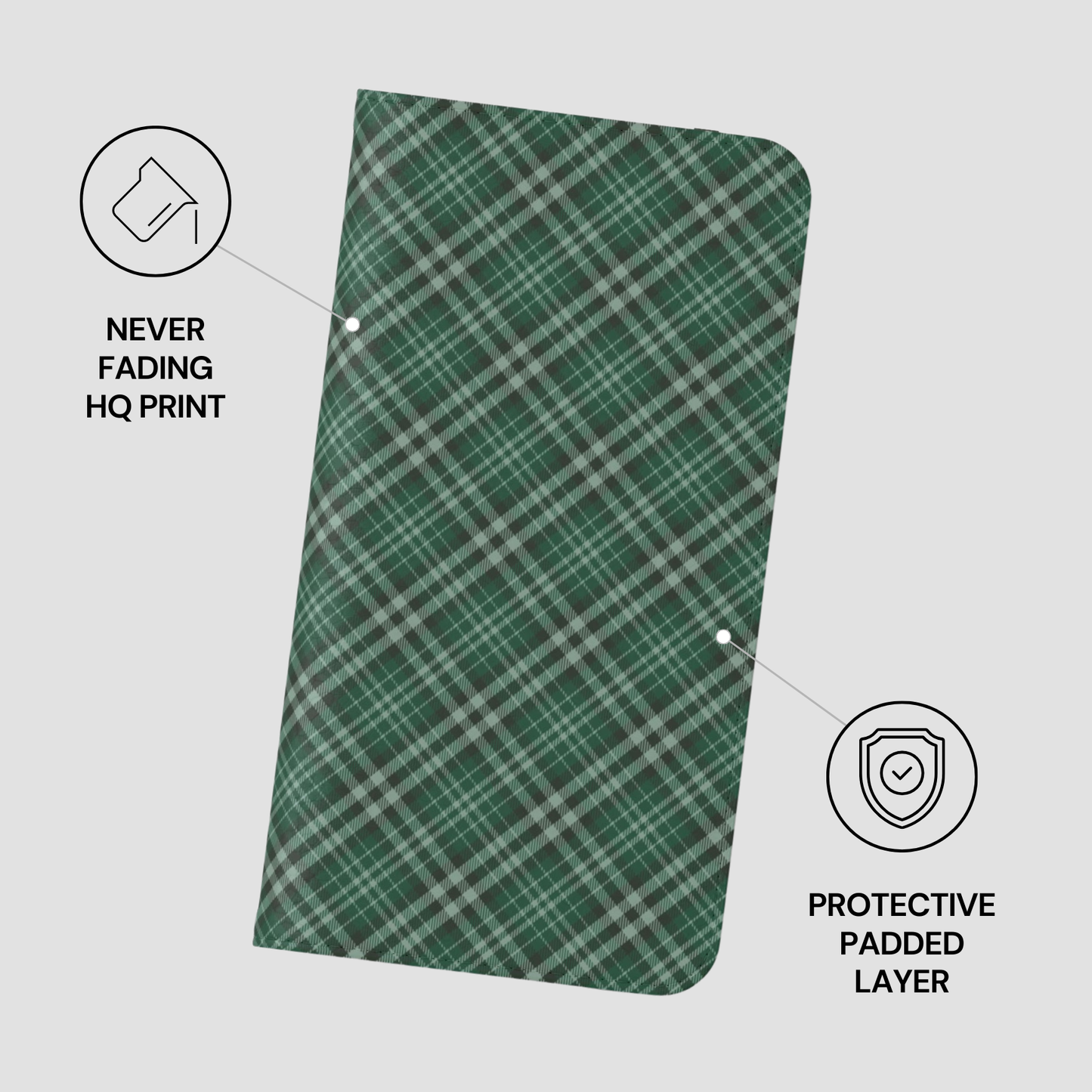 Green plaid notebook with text indicating 'Never Fading HQ Print' and 'Protective Padded Layer' on a white background. | Casenari
